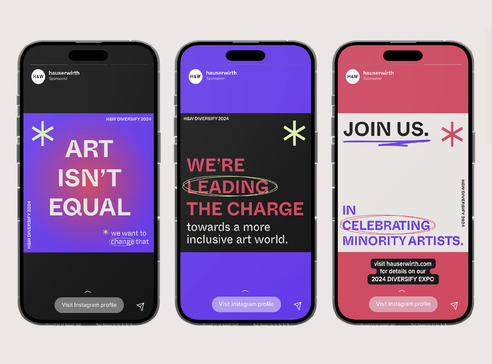 3 mockups of phones, showing instagram 
						story adverts for the diversify social campaign