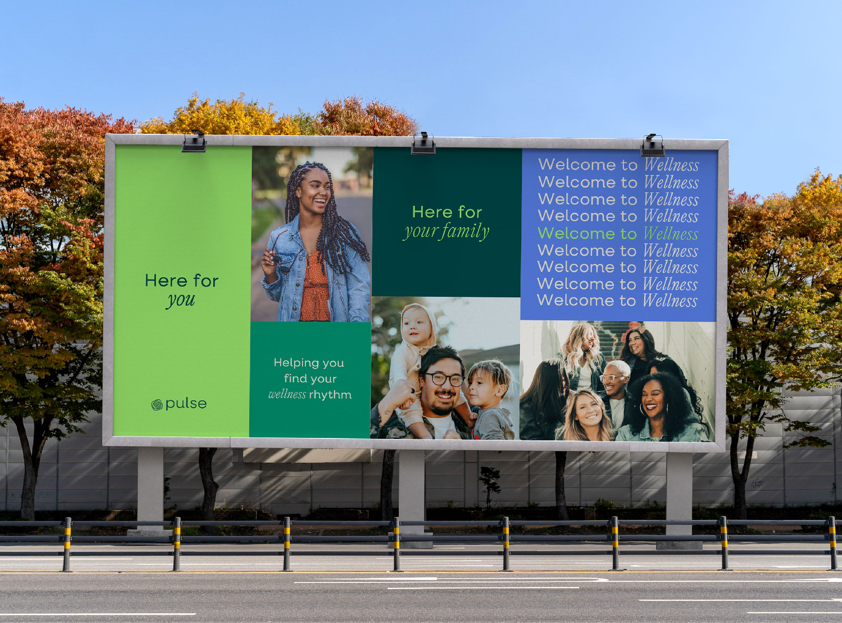mockup of a billboard showing a collection of the pulse wellness
						brand advertising